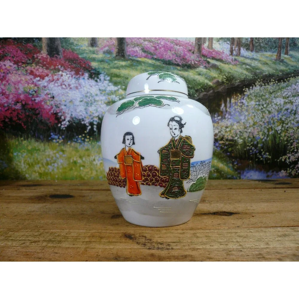 Japanese Moriage Handpainted Porcelain Ginger Jar Woman & Girl in Garden